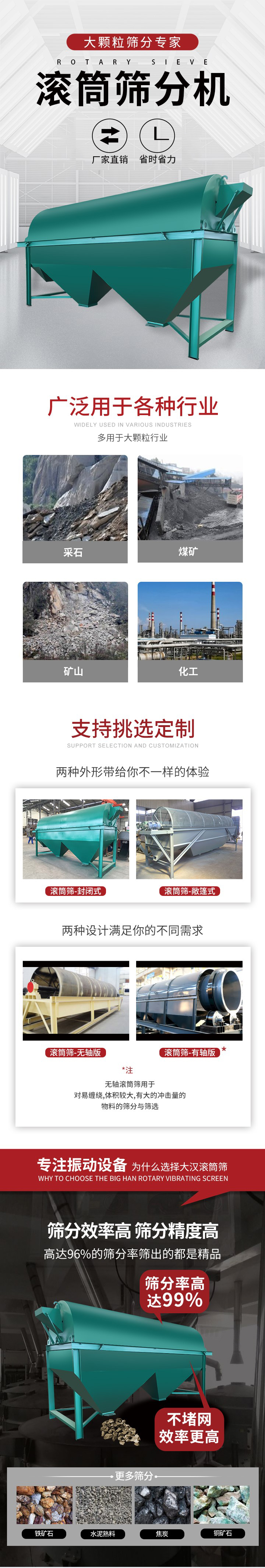 滾筒篩分機(jī)大顆粒篩分專家：廠家直銷，省時(shí)省力。滾筒篩被廣泛應(yīng)用各種行業(yè)：多用于大顆粒行業(yè)例如：采石，煤礦，礦山，化工等。滾筒篩定制類型有哪些：封閉式與敞篷式產(chǎn)品結(jié)構(gòu)分為：無軸式，有軸式兩種，無軸滾筒篩用于對(duì)纏繞，體積較大，有大的沖擊量的物料的篩分與篩選。滾筒篩篩分效率高篩分精度能夠達(dá)到：96%也比較適用于鐵礦石，水泥熟料，焦炭，銅礦石。滾筒篩特點(diǎn)：不飛粉末：密封隔離罩，密封性好，工作過程不會(huì)出現(xiàn)飛粉現(xiàn)象。外型尺寸是按筒體長(zhǎng)計(jì)
